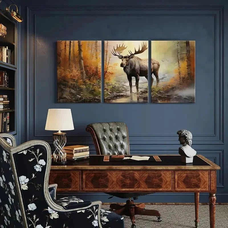 3pcs Majestic Moose Forest Scene Autumn Colors Metal Print Ready to Hang Art - Bella Home Decor