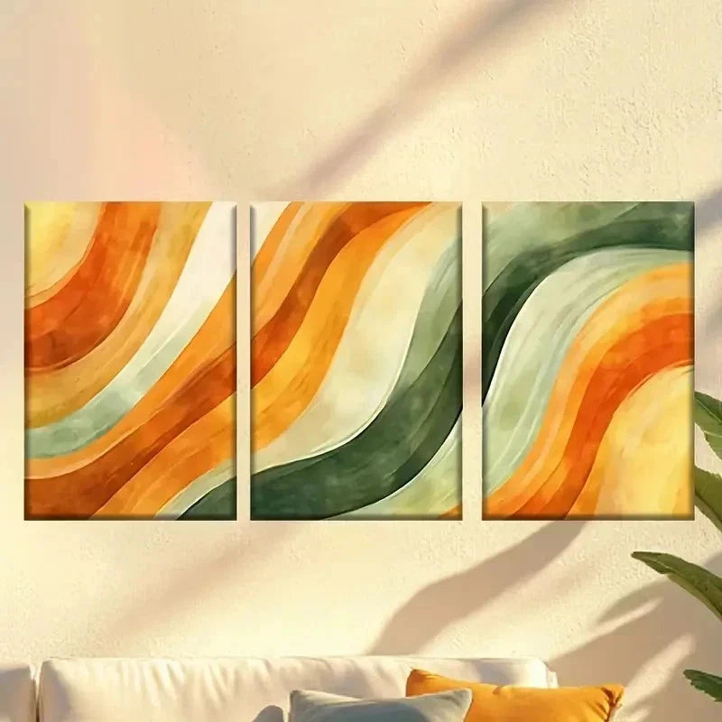 3pcs a painting of a wave of orange and green Wall Art Set Canvas Framed 50x70cm - High Quality Print 100% Australian Made Wall Canvas Ready to Hang - Bella Home Decor