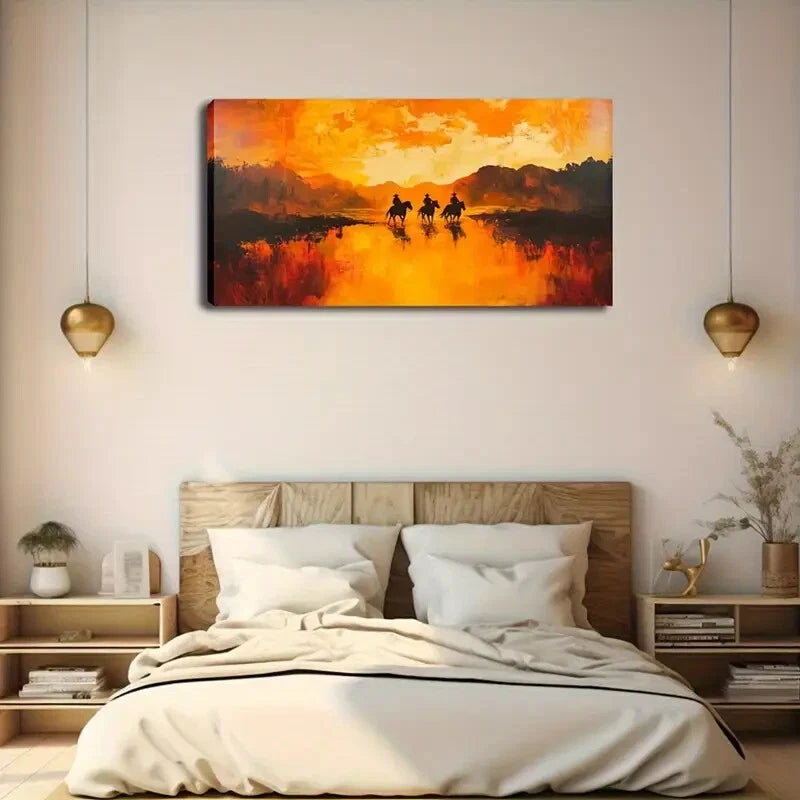 Sunset Horseback Riders Wall Art Canvas Office Home Room Framed 120x60cm - Bella Home Decor