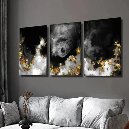 3pcs Black and Gold Abstract Space Clouds Wall Art Canvas Unframed - High Quality Print 100% Australian Made Wall Canvas - Bella Home Decor