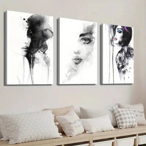 3pcs Black and White Female Portrait  Wall Art Set Canvas Unframed - High Quality Print 100% Australian Made Wall Canvas - Bella Home Decor