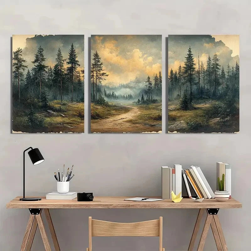 3pcs Sketch Wooded Landscape Illustration Metal Print Ready to Hang Art