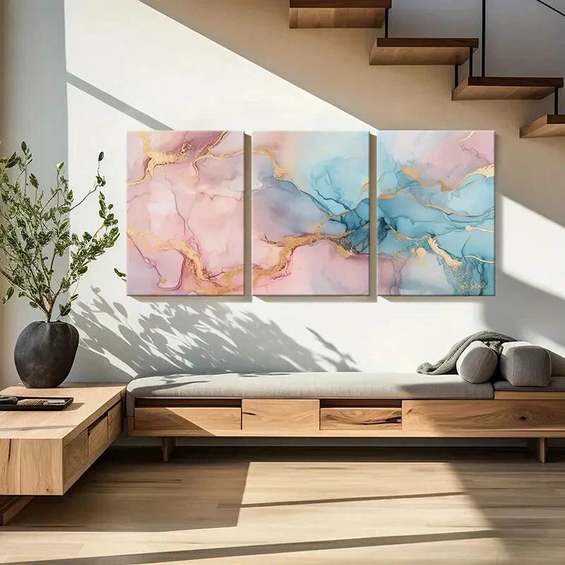3pcs Marble Texture Abstract Art Golden Accents Metal Print Ready to Hang Art - Bella Home Decor