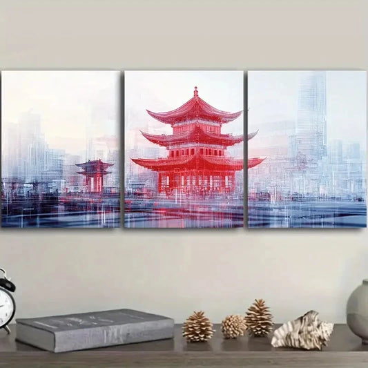 3pcs Chinese-style tower Art Painting Metal Print Ready to Hang Art