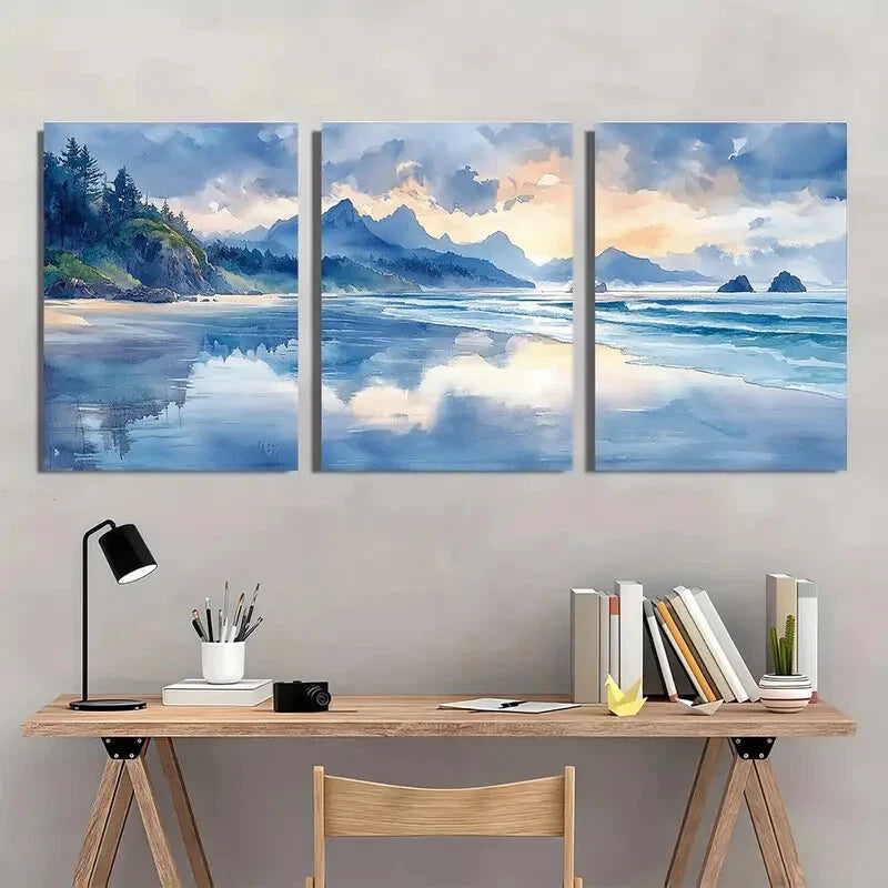 3pcs Ruby Beach Watercolor Art Print Metal Print Ready to Hang Art - Bella Home Decor