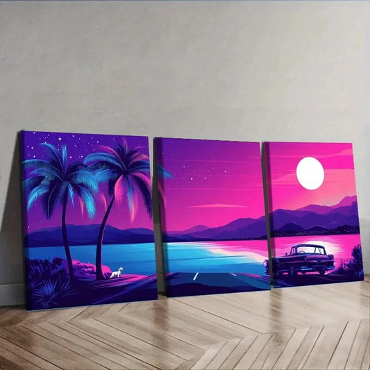 3pcs Miami Beach Sunset with Palm Trees Wall Art Set Canvas Framed 40x60cm - High Quality Print 100% Australian Made Wall Canvas Ready to Hang