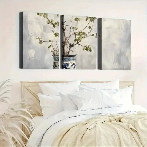 3pcs Blue & White Porcelain Vase with Branches Art Set Canvas Unframed - High Quality Print 100% Australian Made Wall Canvas - Bella Home Decor