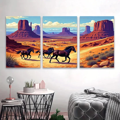3pcs Desert Horses in Red Rock Landscape Wall Art Set Canvas Framed 50x70cm - High Quality Print 100% Australian Made Wall Canvas Ready to Hang - Bella Home Decor