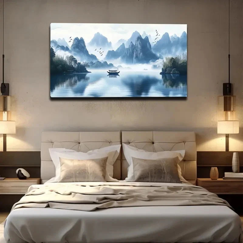 Serene Mountain Lake Scene Wall Art canvas office home room framed 120x60cm