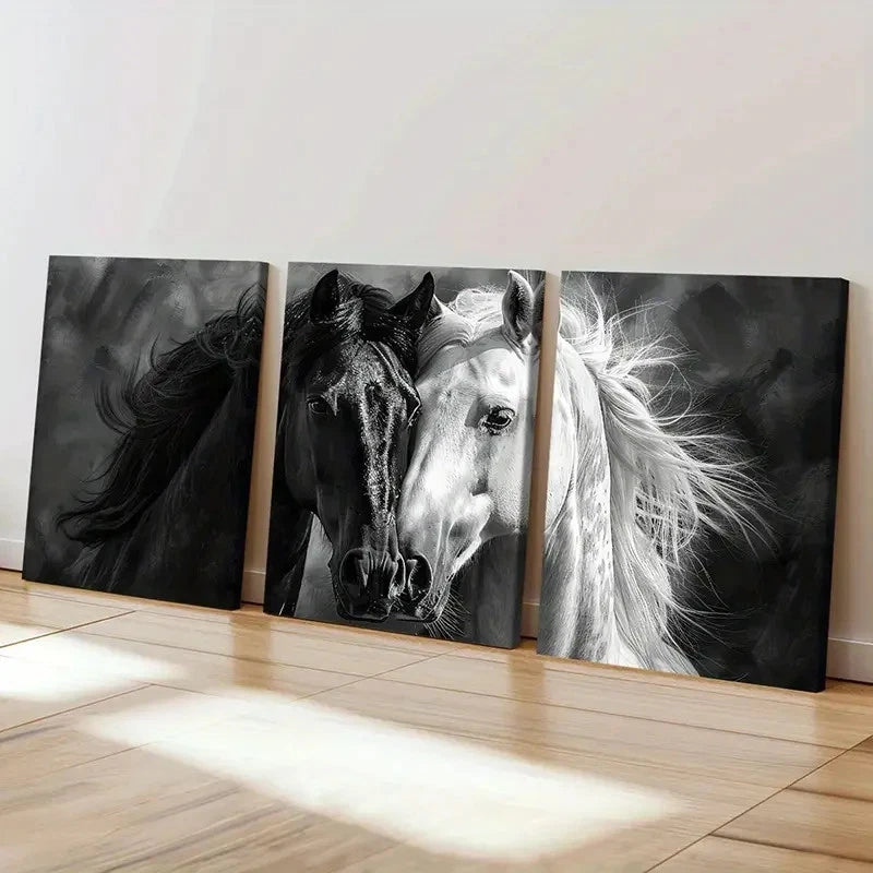 3pcs Black & White Animal Horses Artwork  Wall Art Set Canvas Framed 60x90cm - High Quality Print 100% Australian Made Wall Canvas Ready to Hang - Bella Home Decor