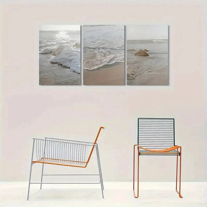 3pcs Ocean Scene with Sandy Shore & Wave Crests Wall Art Set Canvas Framed 60x90cm - High Quality Print 100% Australian Made Wall Canvas Ready to Hang