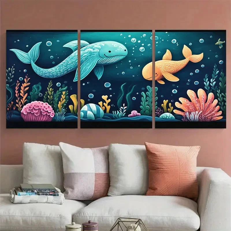 3pcs Under the Sea Nursery Illustration Wall Art Set Canvas Framed 60x90cm - High Quality Print 100% Australian Made Wall Canvas Ready to Hang