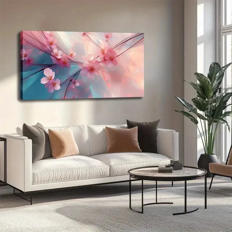 Serene Pink Blooms On Blue Wall Art canvas office home room framed 120x60cm - Bella Home Decor