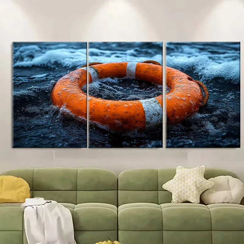 3pcs Orange Lifebuoy Ring Metal Print Ready to Hang Art