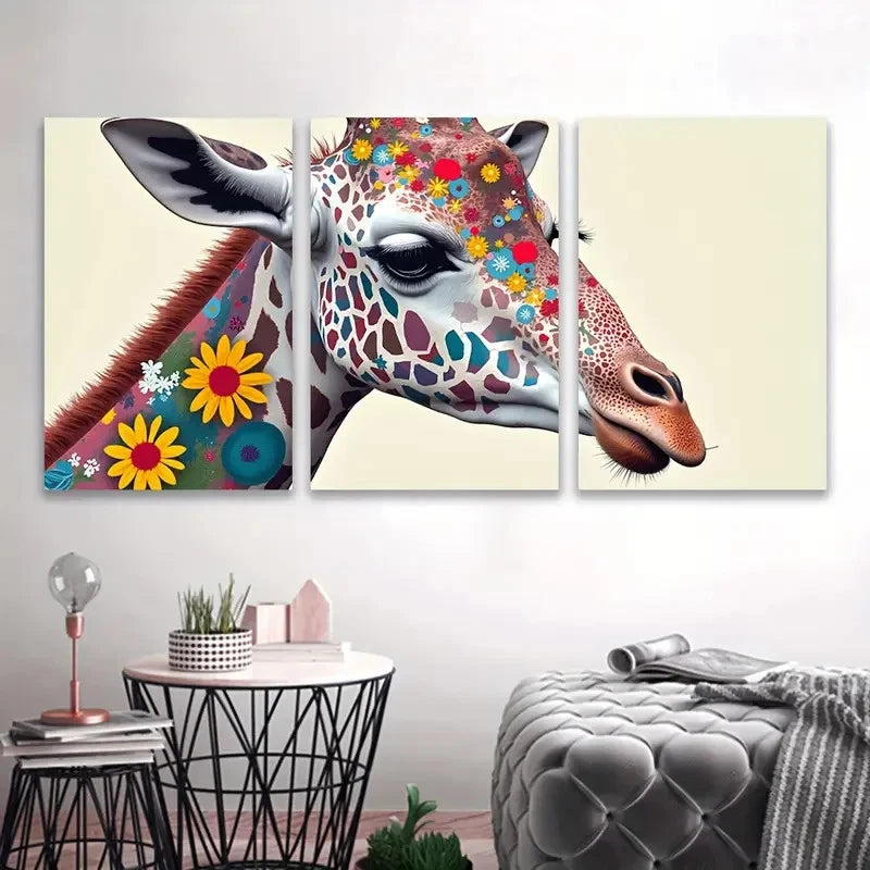3pcs Vibrant Giraffe With Floral Patterns Wall Art Set Canvas Framed 40x60cm - High Quality Print 100% Australian Made Wall Canvas Ready to Hang