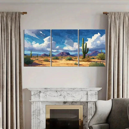 3pcs Vibrant Cactus & Mountain Blue Sky & Clouds Metal Print Ready to Hang Art - Bella Home Decor