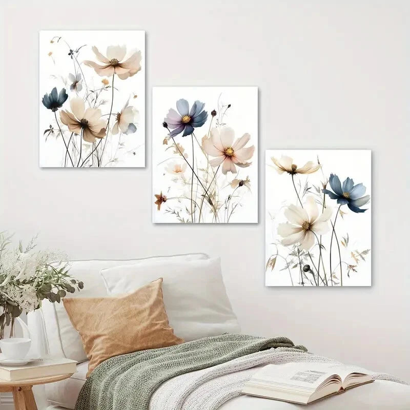 3pcs Watercolor Neutral Sober Botanical Flowers Metal Print Ready to Hang Art