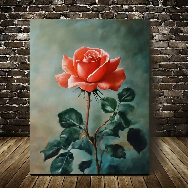 Vibrant Pink Rose with Green Leaves on Dark Painting 40x60cm Metal Print Ready to Hang - Bella Home Decor