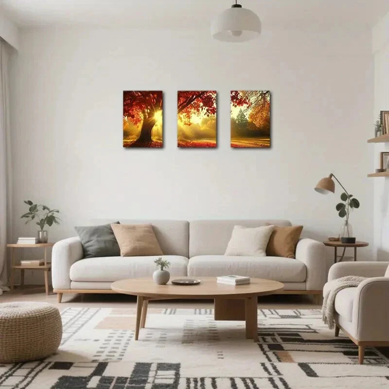 3pcs Autumn Vibrant Red & Orange Tree Scenery Metal Print Ready to Hang Art