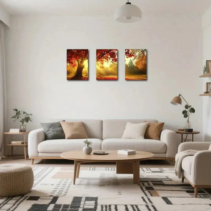3pcs Autumn Vibrant Red & Orange Tree Scenery Metal Print Ready to Hang Art