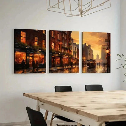 3pcs Retro Landscape Art Street Dusk Wall Art Set Canvas Framed 50x70cm - High Quality Print 100% Australian Made Wall Canvas Ready to Hang - Bella Home Decor