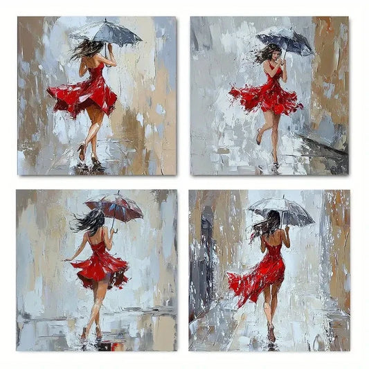 4pcs Girl Umbrella With Red Dress Walking Wall Art Canvas Framed