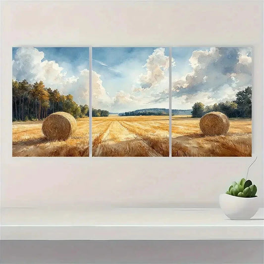 3pcs Haystacks Watercolor Painting Farmhouse Metal Print Ready to Hang Art