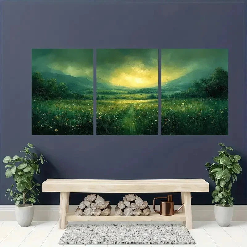 3pcs Verdant Meadow Landscape Abstract Nature Metal Print Ready to Hang Art - Bella Home Decor