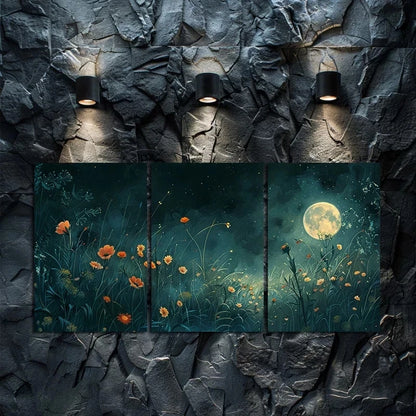 3pcs Flowers and Moon on a Peaceful Spring Night Metal Print Ready to Hang Art - Bella Home Decor