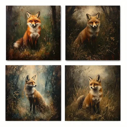4pcs Fox In Forest Perfect  Wall Art Canvas Framed