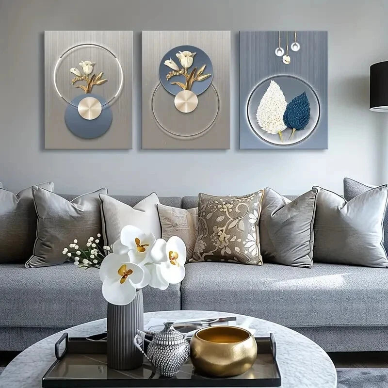 3pcs Abstract Flower Rust Spray Painted Metal Print Ready to Hang Art - Bella Home Decor