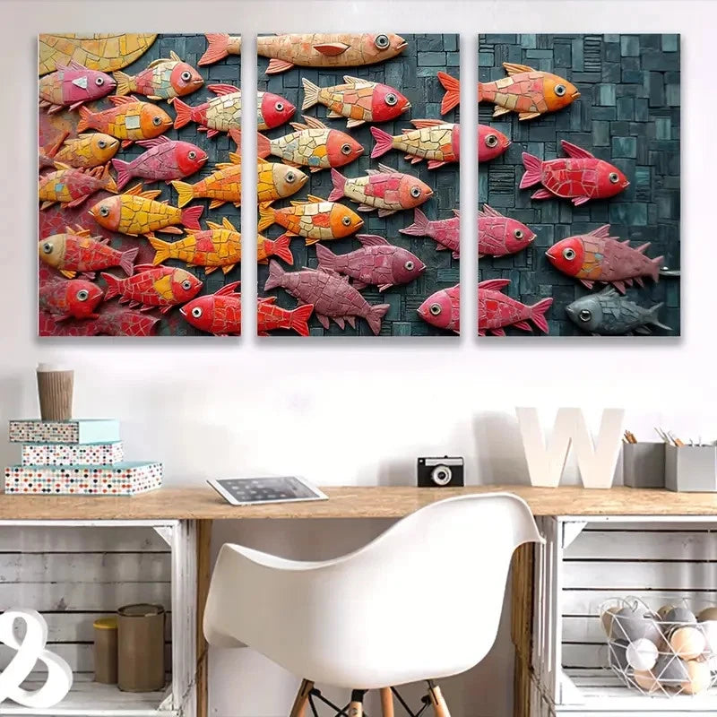 3pcs Colorful Fish Swim Underwater Scene  Wall Art Set Canvas Framed 60x90cm - High Quality Print 100% Australian Made Wall Canvas Ready to Hang - Bella Home Decor