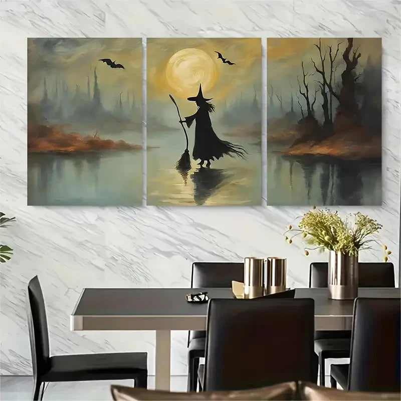 3pcs Spooky Witch with Broomstick Full Moon Metal Print Ready to Hang Art