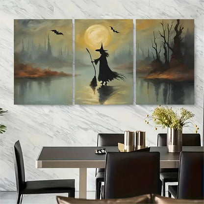 3pcs Spooky Witch with Broomstick Full Moon Metal Print Ready to Hang Art