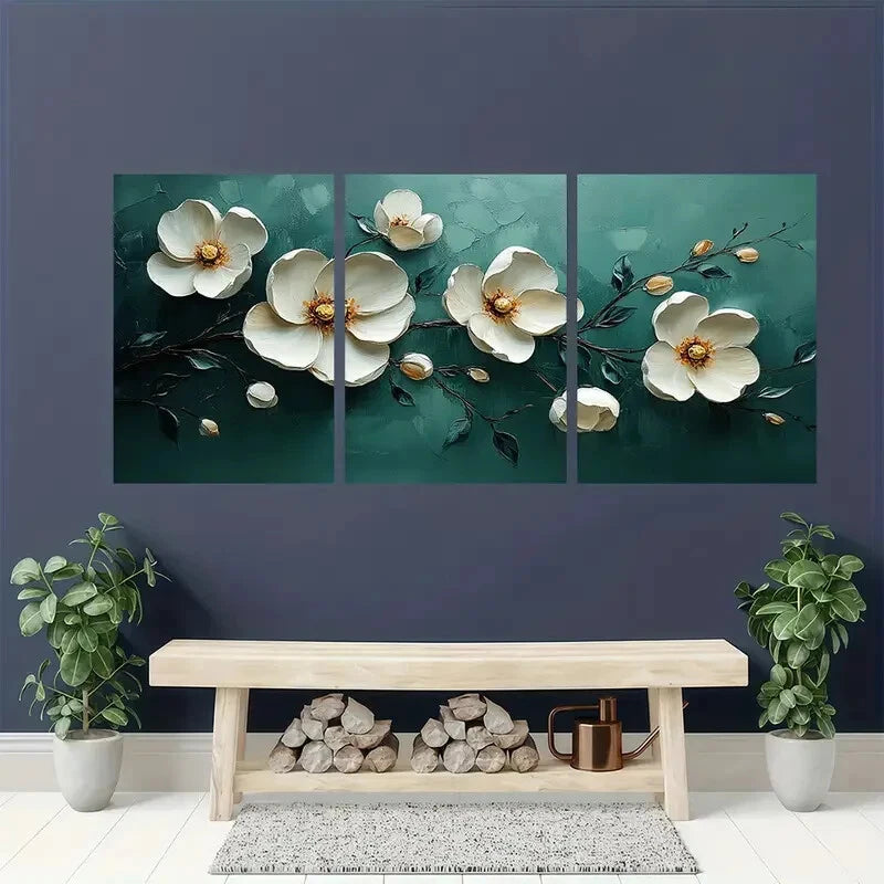 3pcs Abstract White Floral Oil Painting Metal Print Ready to Hang Art - Bella Home Decor