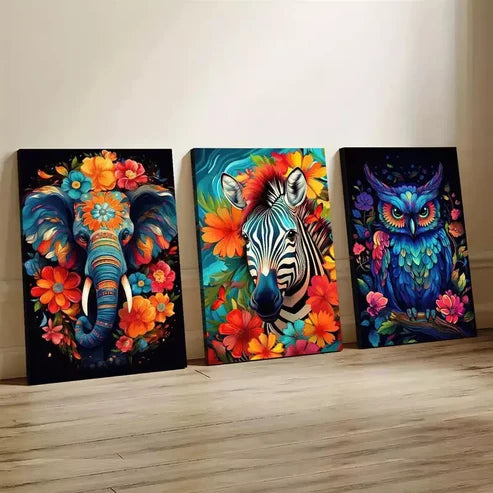 3pcs Vibrant Animal with Floral Accents Wall Art Canvas Unframed - High Quality Print 100% Australian Made Wall Canvas