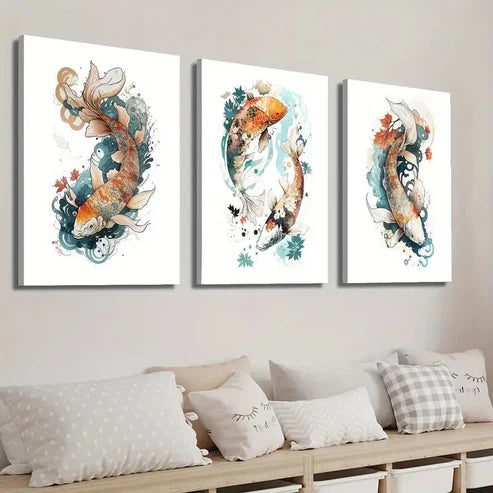 3pcs Japanese Bright Koi Carp Wall Art Set Canvas Unframed - High Quality Print 100% Australian Made Wall Canvas