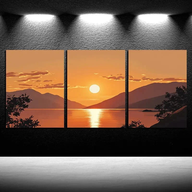 3pcs Vibrant Lake under the Sunset Illustration Metal Print Ready to Hang Art