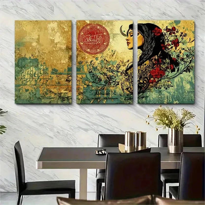 3pcs Floral Motifs Vintage Persian Girl Perfect Wall Art Set Canvas Framed 50x70cm - High Quality Print 100% Australian Made Wall Canvas Ready to Hang