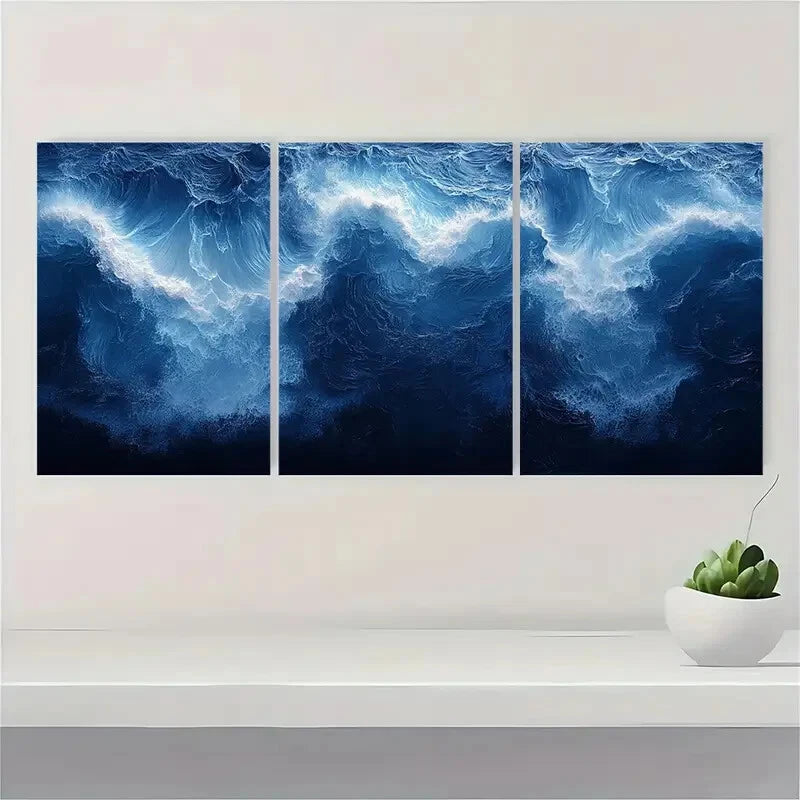 3pcs Abstract Blue White Ocean Art Print Metal Print Ready to Hang Art - Bella Home Decor
