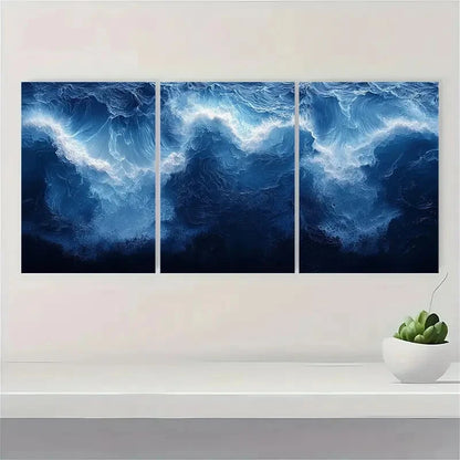 3pcs Abstract Blue White Ocean Art Print Metal Print Ready to Hang Art - Bella Home Decor