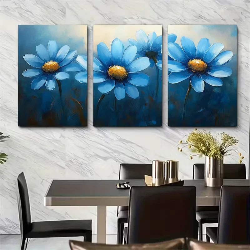 3pcs Gouache Blue Daisy Flower Abstract Metal Print Ready to Hang Art