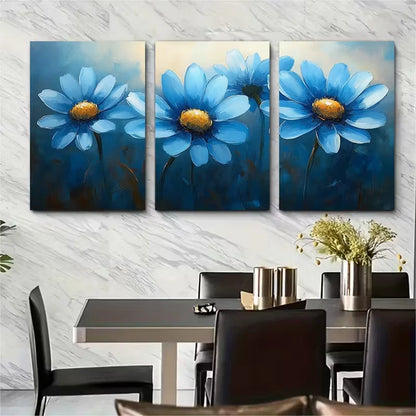 3pcs Gouache Blue Daisy Flower Abstract Metal Print Ready to Hang Art