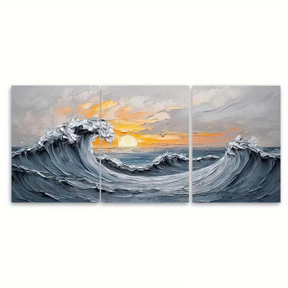 3pcs Gray Ocean Wave Metal Print Ready to Hang Art - Bella Home Decor