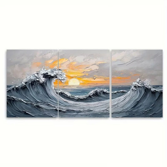 3pcs Gray Ocean Wave Metal Print Ready to Hang Art