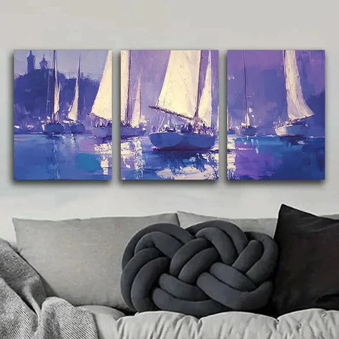 3pcs Sailboats at Sea Purple Blue Nature Perfect Wall Art Set Canvas Unframed - High Quality Print 100% Australian Made Wall Canvas