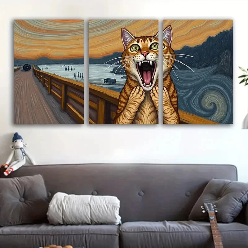 3pcs Cat Portrait with Green Eyes & Van Gogh Metal Print Ready to Hang Art - Bella Home Decor