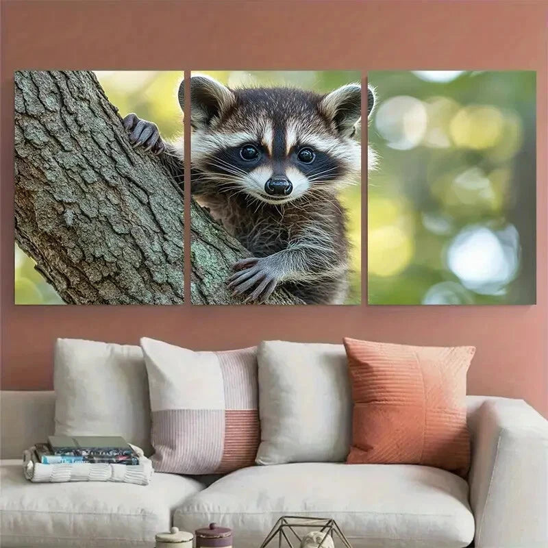 3pcs Adorable Baby Raccoon Climbing Wildlife Metal Print Ready to Hang Art - Bella Home Decor