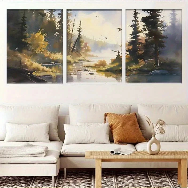3pcs Forest Stream Serene Sunrise with Misty Trees Metal Print Ready to Hang Art - Bella Home Decor