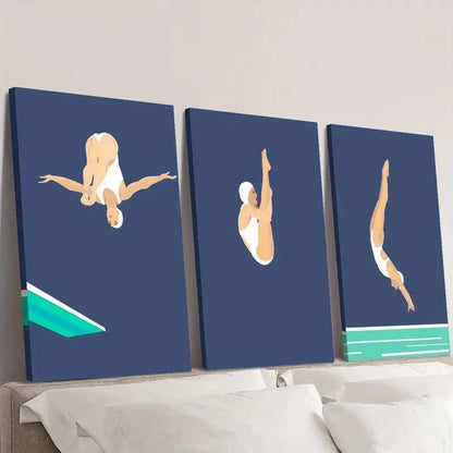 3pcs Dynamic Diver Poses in Blue & White Wall Art Set Canvas Framed 40x60cm - High Quality Print 100% Australian Made Wall Canvas Ready to Hang